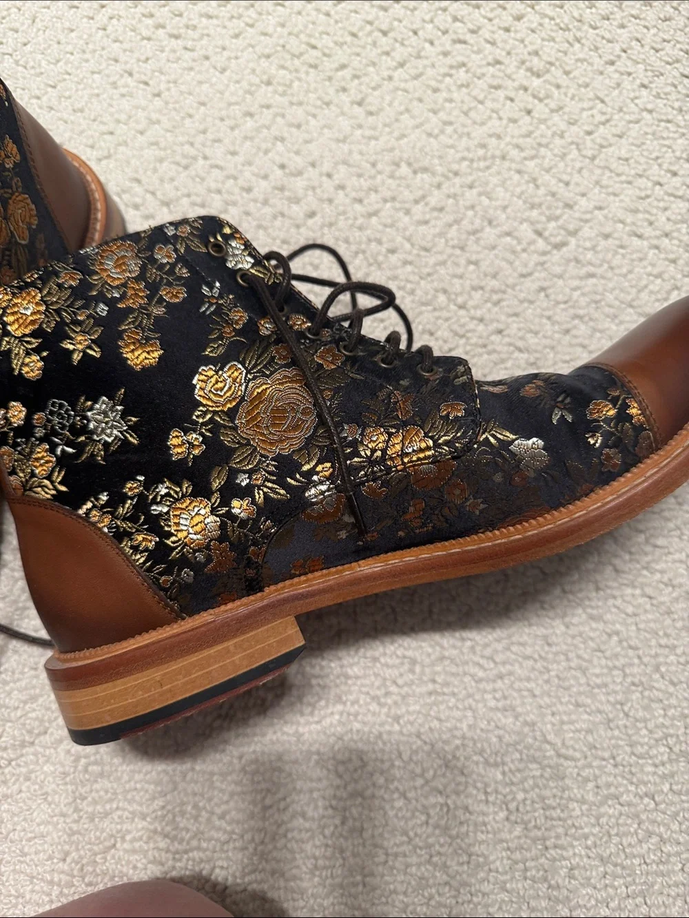 Taft Black Brocade Floral Lace-Up Boots with Brown Leather Cap